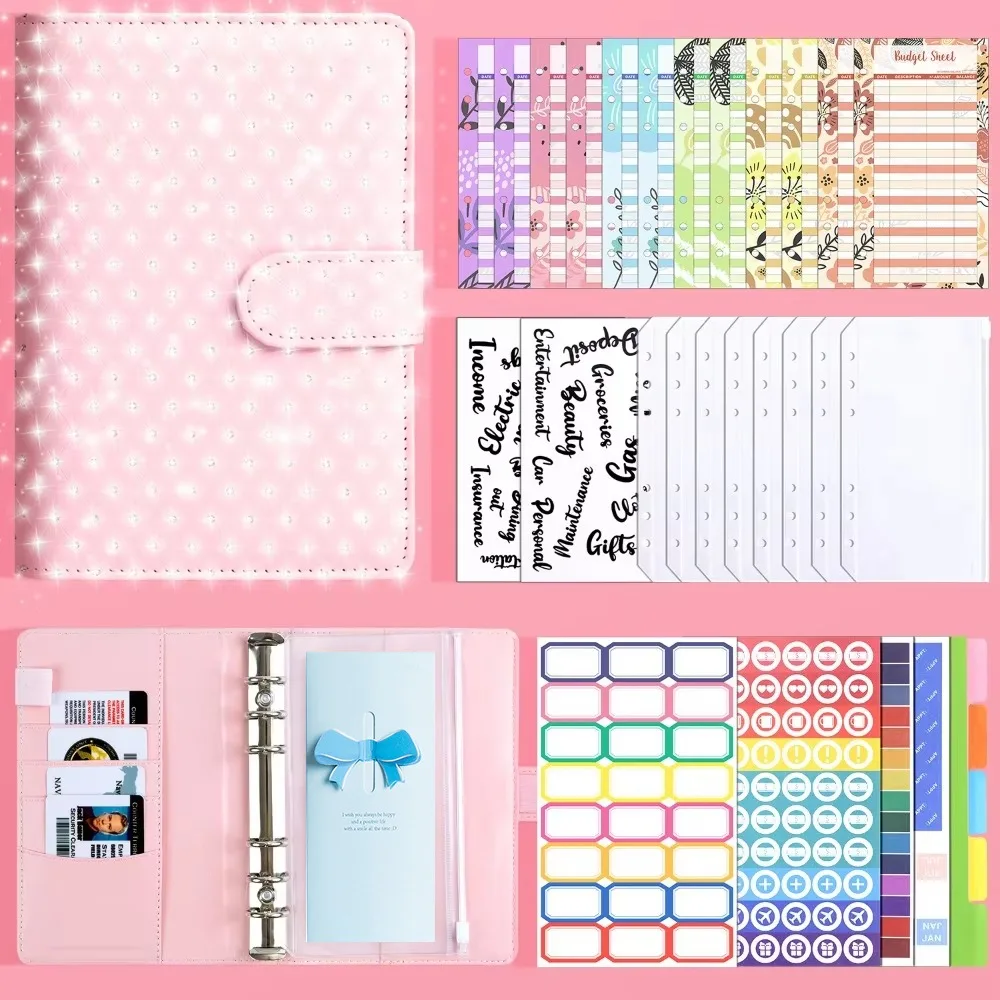 Rainstone Patterned Cover Money Saving Binder 6-Ring PU Leather Savings Challenges Book Colorful Tear Resistant