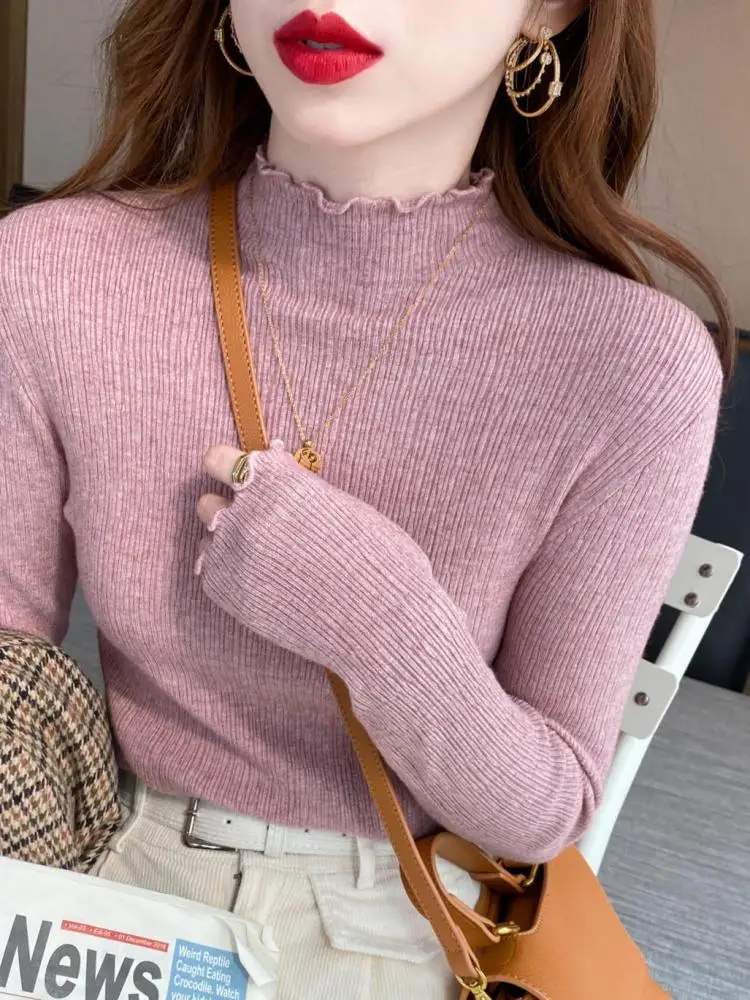 Turtleneck Ruched Women Sweater High Elastic Solid 2024 Fall Winter Fashion Sweater Women Slim Sexy Knitted Pullovers Pink White