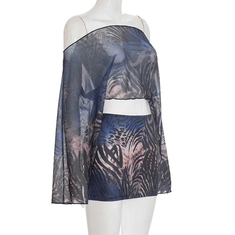 Tiger-Print-Mesh-Off-Shoulder-Oberteil mit langen Ärmeln, eng anliegender Halbrock, zweiteiliges Set – Detail 9
