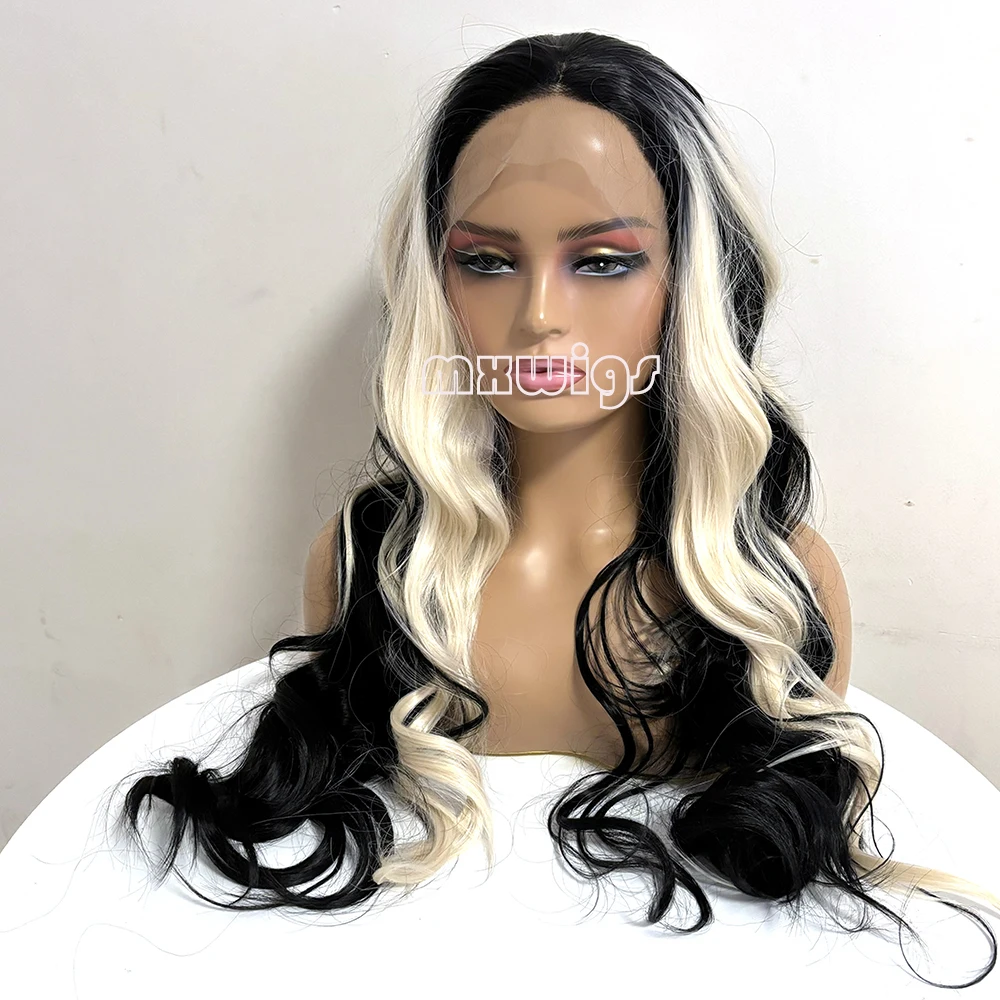 

MXWIG Body Wave Ombre Blonde to Black Synthetic 13X4 Lace Frontal Wigs Long Wig Glueless Soft Hair Heat Resistant Fiber Party