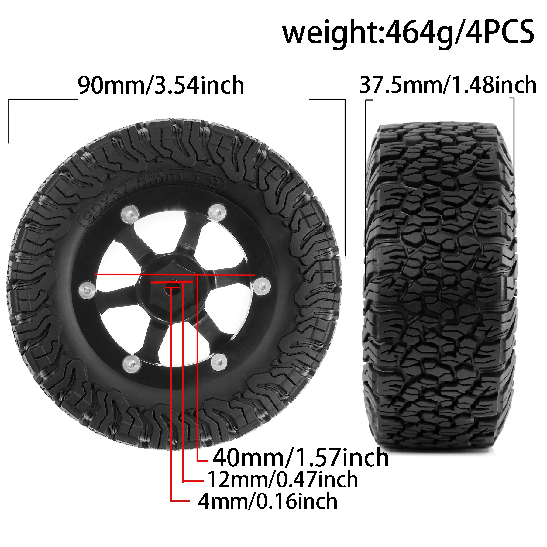 RED SPIDER 4Pcs 1.9'' 90mm Rubber Tires & Beadlock Wheels for 1/10 Crawler Truck TRX‑4 SCX10 Wraith AXI03007 RC Car Spare  Parts