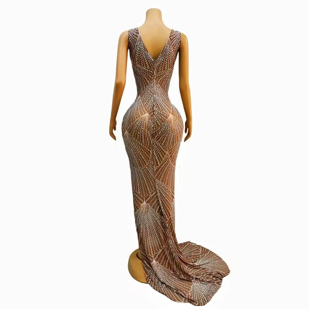 เซ็กซี่เงิน AB Rhinestones ยาวรถไฟแยกชุดงานแต่งงานวันเกิดฉลองยืดเครื่องแต่งกาย Evening Club ฉลองชุดคอวี