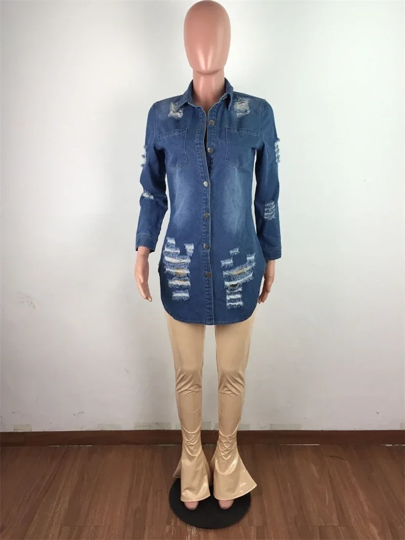 Streetwear Gescheurde Denim Jurken Voor Dames Herfstkleding Met Volledige Mouw Uitgeholde Mini-Jurk Streetwear Jeans Shirt Jurk Vestidos