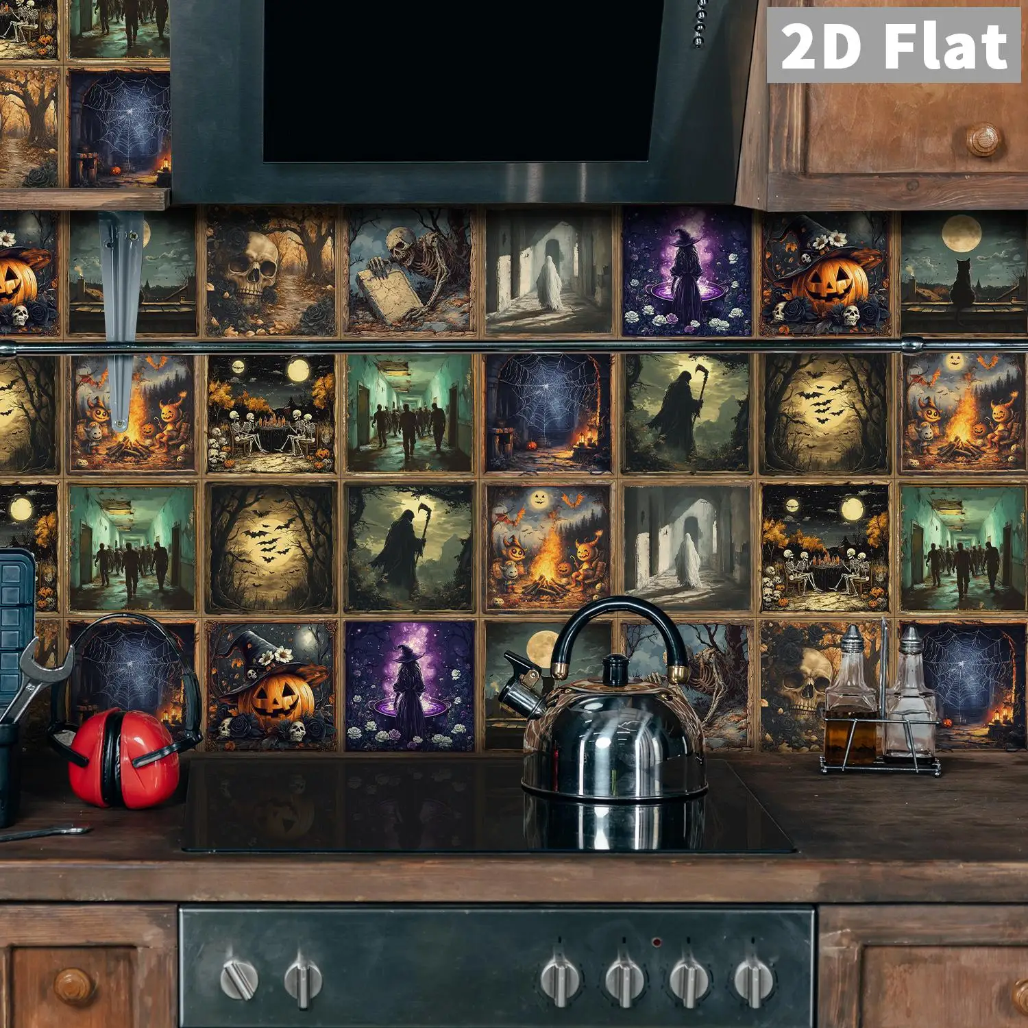 

Retro dark oil painting Halloween elements ceramic tile stickers bathroom kitchen living room self-adhesive decorative stickers