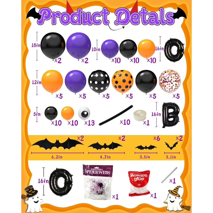 126 Pcs Halloween Balloon Garland Arch Kit Halloween Party Decorations Include Spider Web Bats Purple Orange and Black Balloons