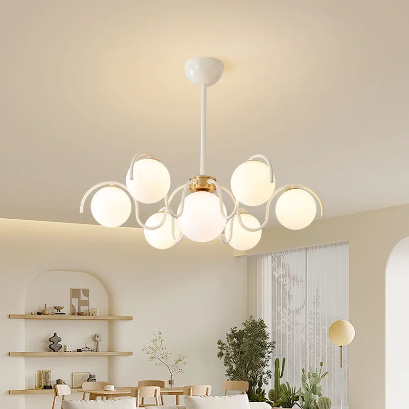 Cream Style LED Ceiling Chandelier Lamp Design Round Glass Suspension Pendant Light Home Decor Modern Living Room Hanging Light