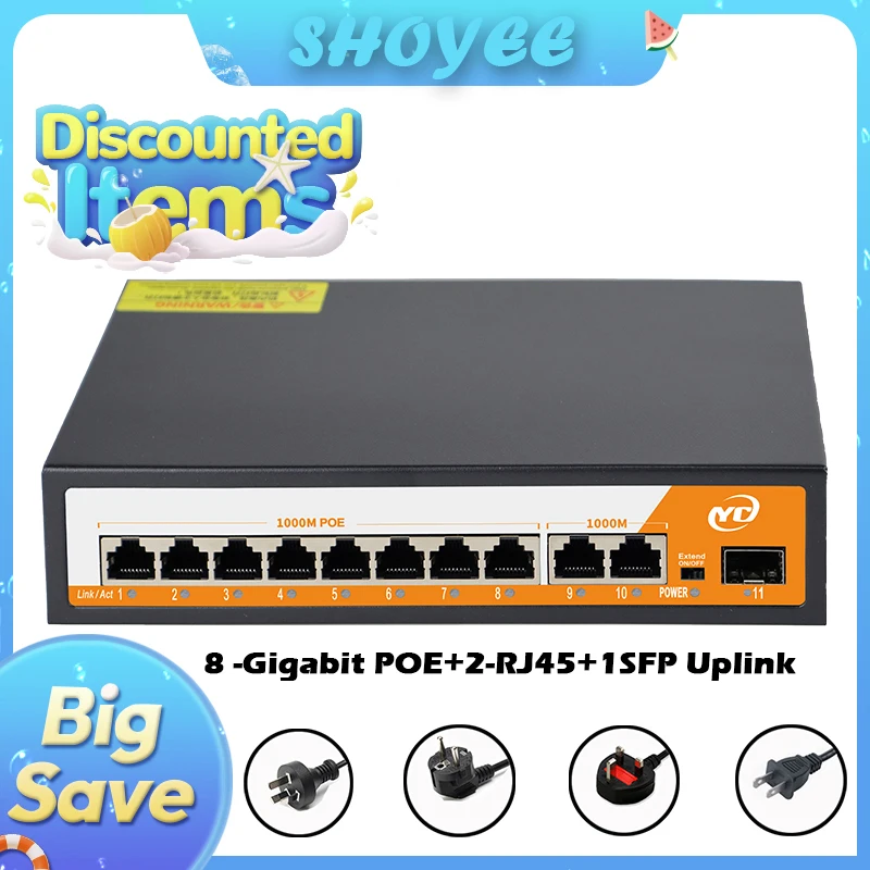

Новый 11-портовый гигабитный Ethernet-коммутатор POE RJ45 SPF с невимужным подключением 802.3af/at Plug and Play, для IP-камеры/NVR