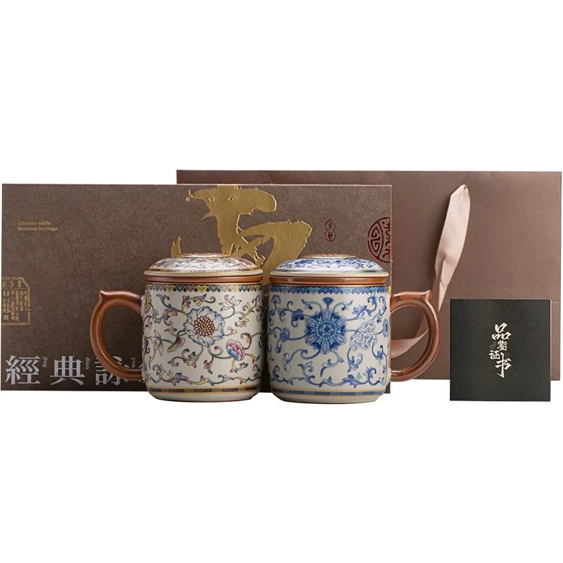 Blue and white Ru kiln teacup ceramic with lid tea separation water cup household high-end tea mug gift box