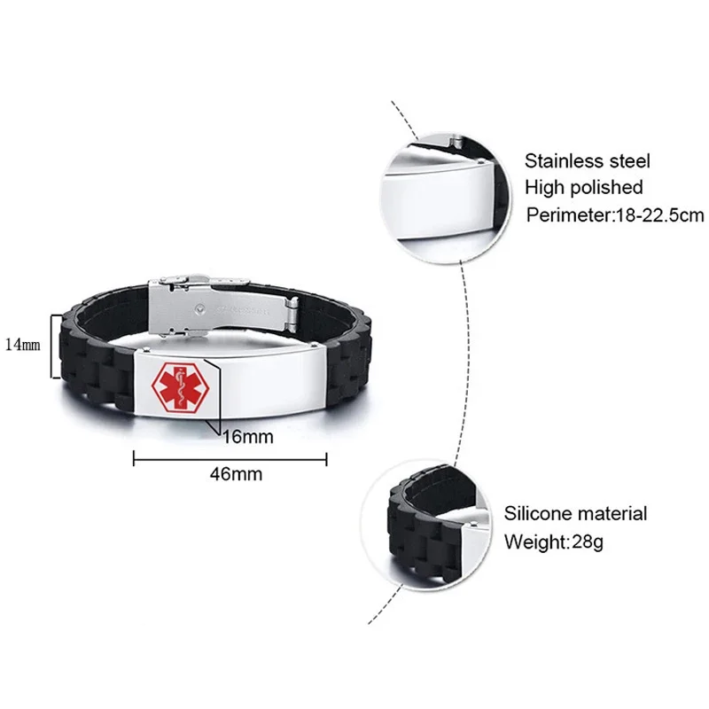 Fashionable Silicone Stainless Steel Adjustable Bracelets with Free Engraved QR Code Emergency Medical Alarm ID Bracelet