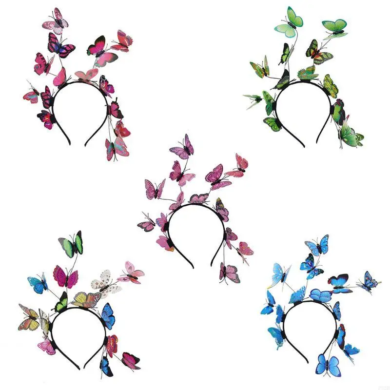 

P8DB Women Girls Fairy Fascinator Headband Colorful Butterflies Photo Party Hair Hoop