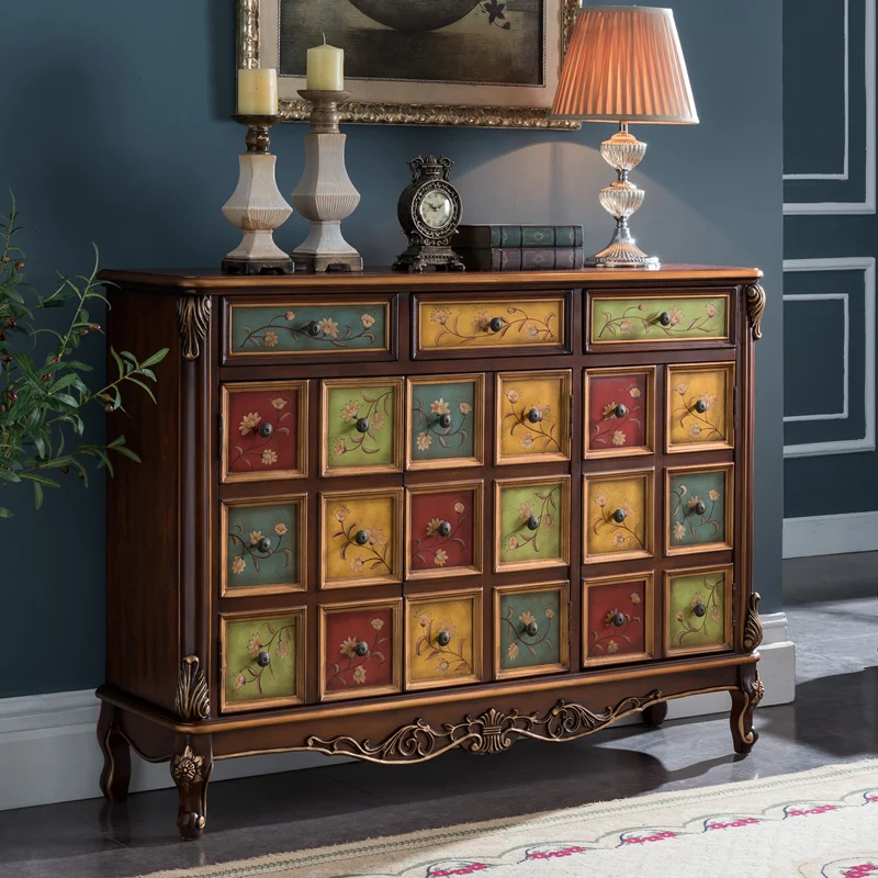 

European-Style Solid Wood Shoe Cabinet Home Entrance Entrance Cabinet American Painted Sideboard Cabinet Pastoral Storage