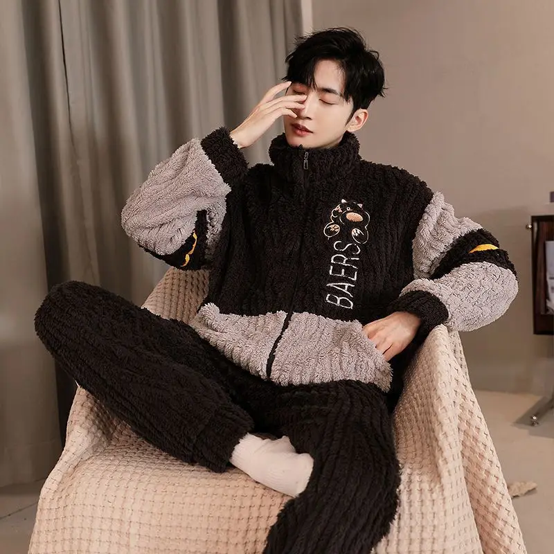 Men's Pajamas Fall and Winter New Stand-up Collar Zipper Casual Suit Coral Fleece Thickened Warm Loungewear Can Be Worn Outside