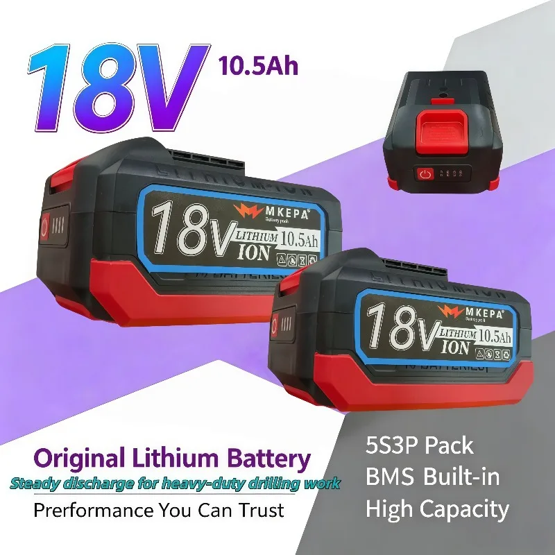 Genuine 18V 10AH 5S3P Li-ion Battery Integrated BMS, Fit 21V Cordless Drills, Long Lasting Fast Charging