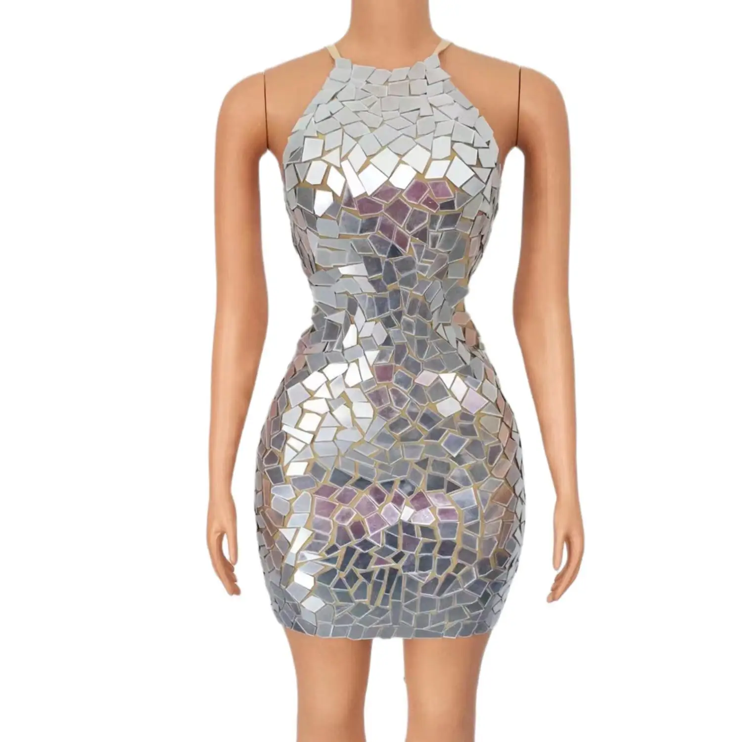 

Chajianjingpian Womens Luxury Silver Mirror Mosaic Mini Dress Halter Neck Bodycon Party Club Stage Performance Outfit