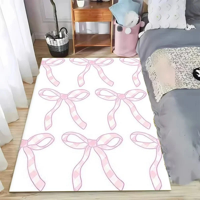 Cute Sweet Pink Bow Blue Striped Area Rug Non-Slip Floor Mat for Girls Bedroom Nursery Sweet Aesthetic Home Decor