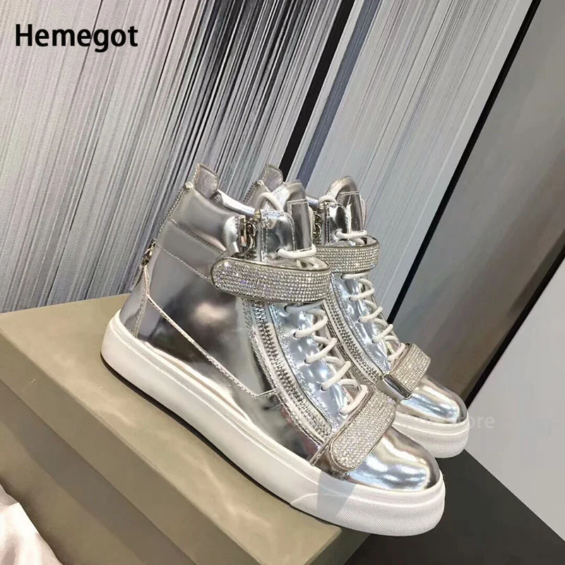 Silver Rhinestone Side Zipper Flat High Top Shoes for Men Metal Diamond Buckle Couple Board Shoes Ankle Boots Casual Shoes