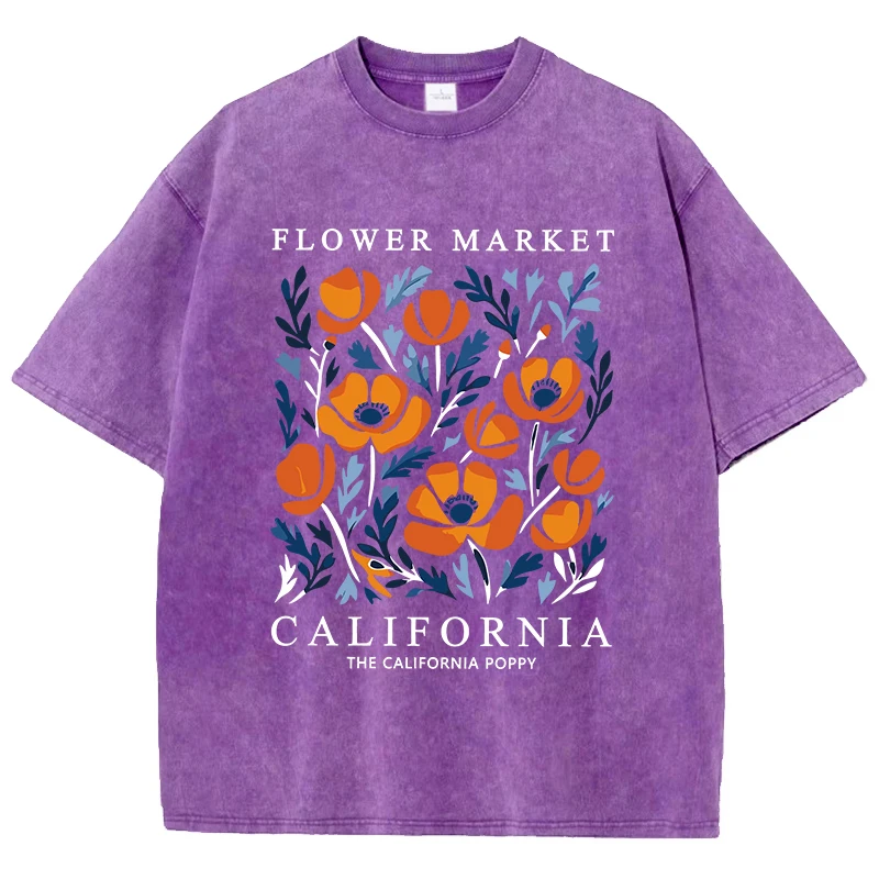 Flowers Market California Prints Washed T-Shirts Womens Cottontops Comfortable O-Neck Oversize T Shirts Fashion Womans Clothes