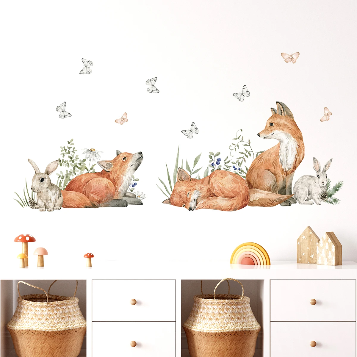 1Pc Watercolor Fox Rabbit Wall Stickers Kids Room Bedroom Home Decoration Children's Room Decor for Living Room Wall Decals