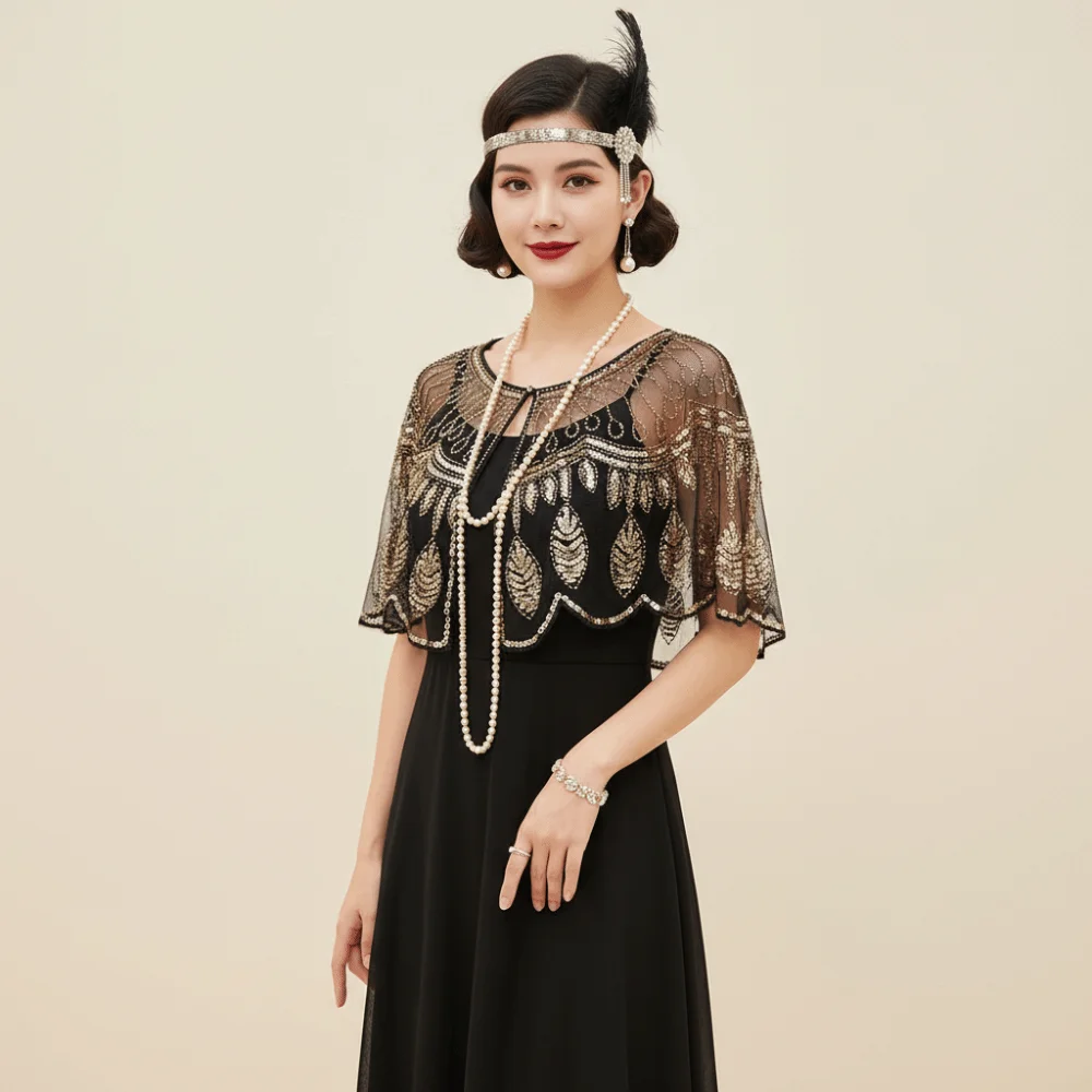 

Ретро-пальто-пончо с пайетками, блестящее, в винтажном стиле, с вышивкой, короткая накидка, вечерний шарф