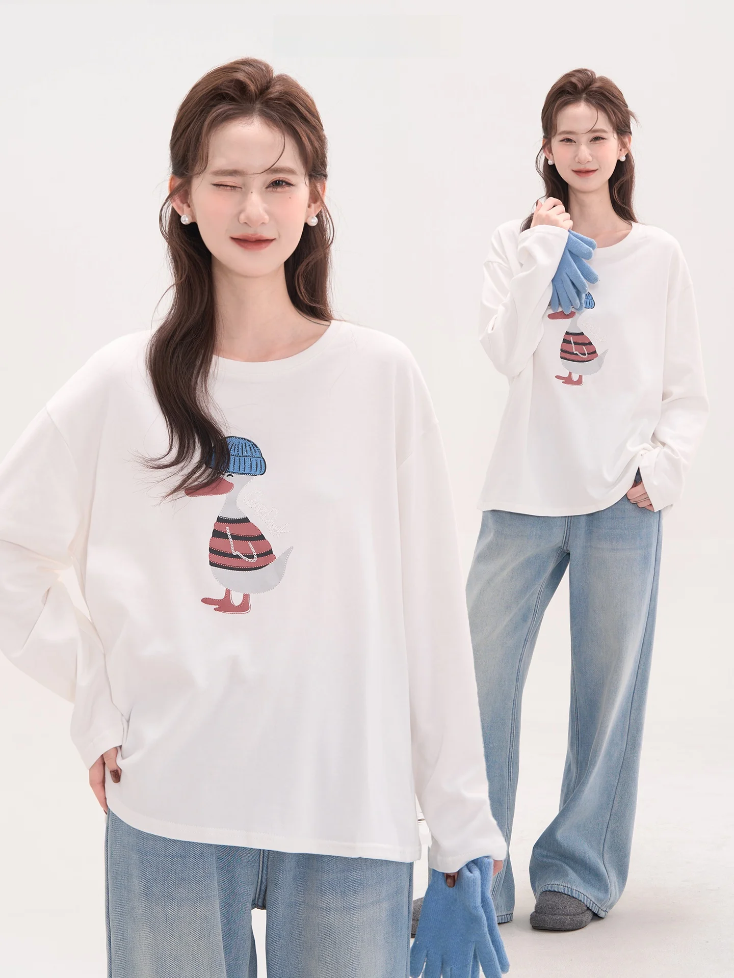 

Женская зимняя хлопковая футболка с цветочным принтом Field Window Heme Pure Korean Sle Long Sve Thiened Fce round Ne