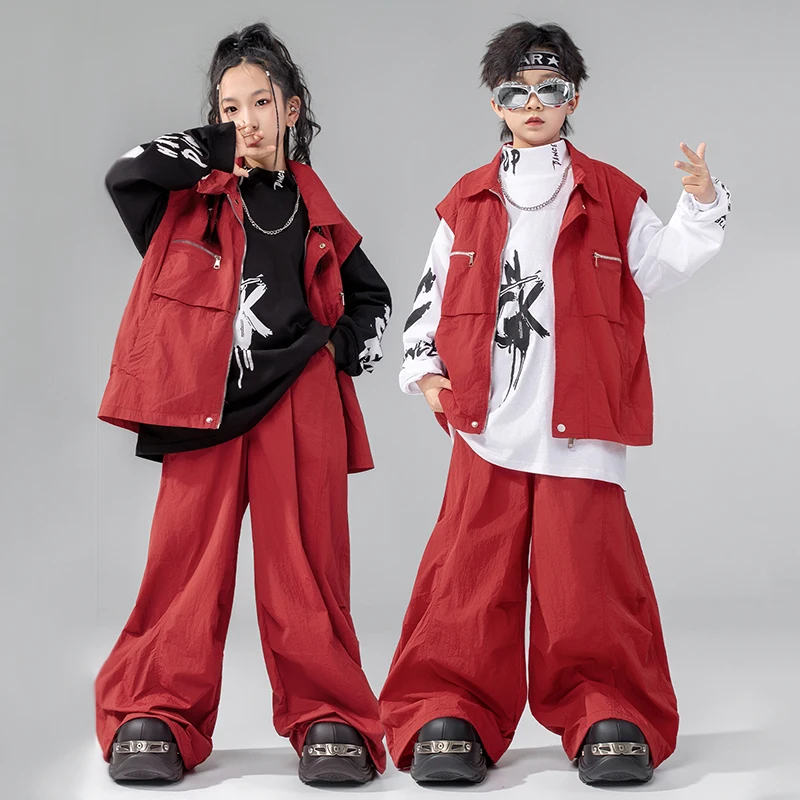 

Костюм для джазовых танцев для девочек и мальчиков, красные брюки-тафла, наряд большого размера в стиле хип-хоп, детская одежда для уличных танцев, VDL4614