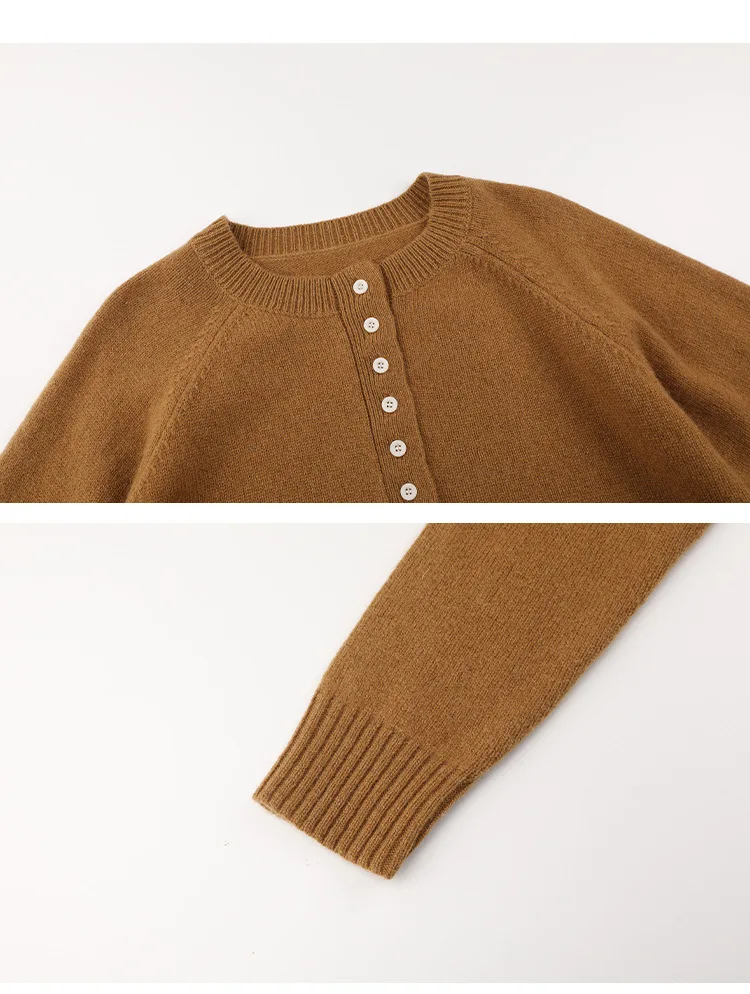 Knitted Wool Cropped Henley Sweater Raglan Sleeve Jumper