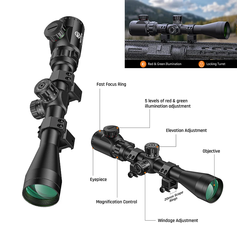 

Midten 3-9x40 Rifle Scope with Red and Green Illuminated Crosshair Reticle Optics 1 inch Tube SFP Riflescope for 20mm Picatinny