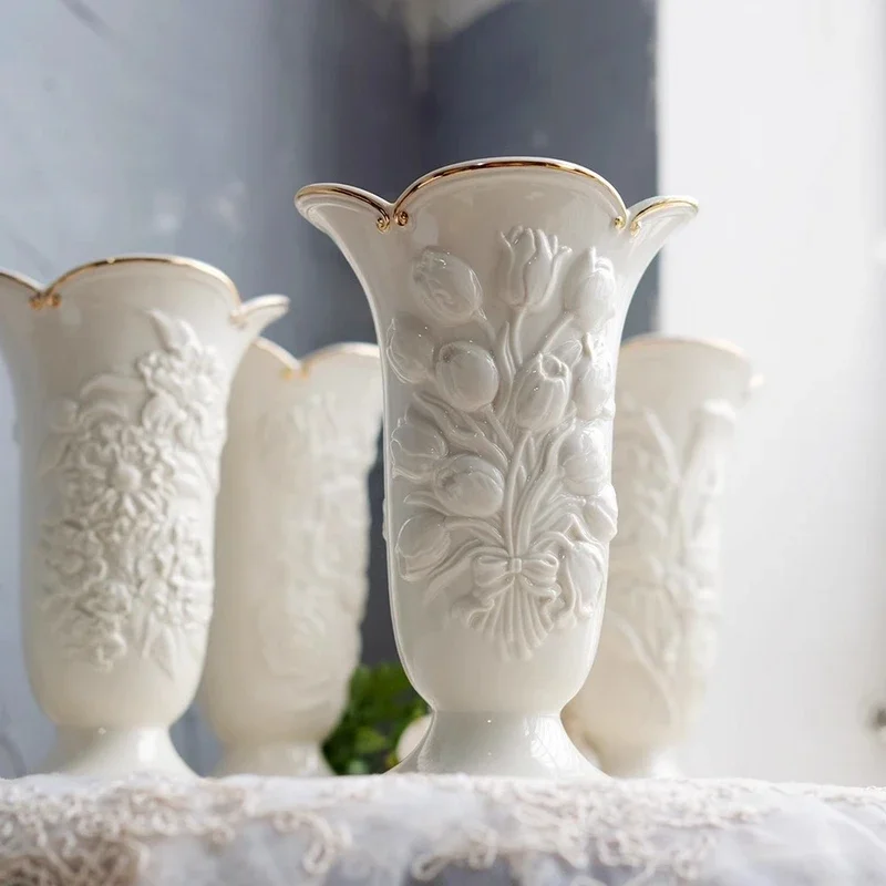 Ivory White Polytechnic Relief Noble Tulip Mouth High Vase Home Deco