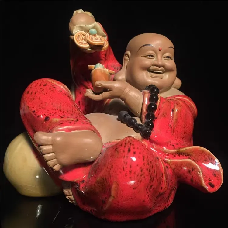 Character decoration Shiwan kiln ceramic statue ----Laughing Buddha statue Big-bellied Maitreya cloth bag monk  send to money