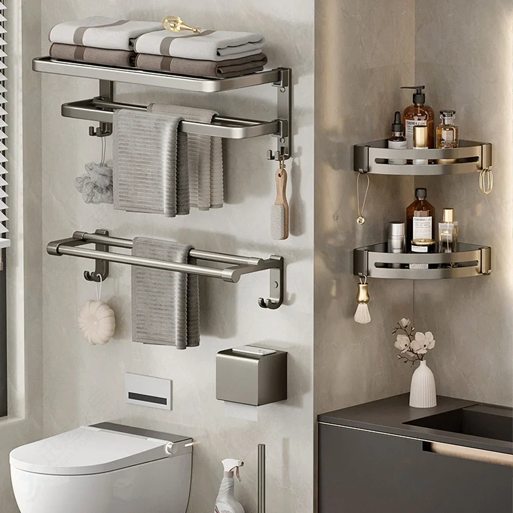 Toallero de pared con doble pliegue, soporte para colgar ropa de baño, barra de ducha de aluminio gris, estante de almacenamiento de inodoro, 50-60CM