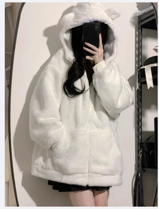 Hooded Plush Jackets Women  Sweet Students Warm Baggy Zip-up Coat Tender Slouchy High Street Fashion Soft Youthful Winter