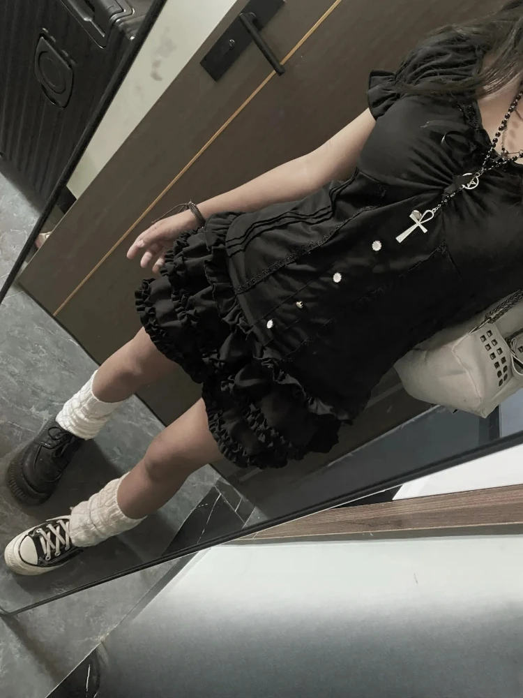 القوطية الأسود الدانتيل تقليم مثير القمم المرأة كبيرة الحجم Y2K خمر نفخة كم تي شيرت الإناث Harajuku ريترو الصيف الشارع الشهير بلوزة