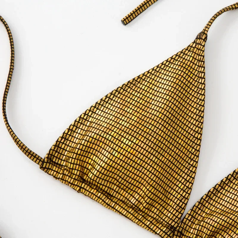 sexy shinny gold sequine bikinis sets two pieces padded thong halter string swimwear female bathing suit biquini tankini