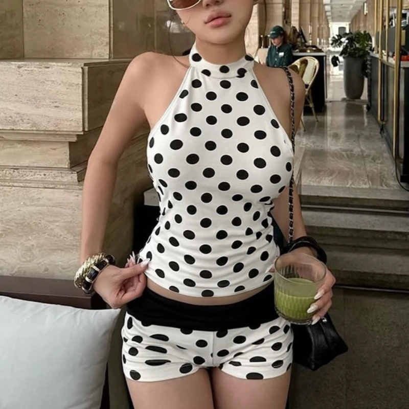 

Tsiisd Women's Polka Dot 2 Piece-Set Shorts Necklace Backless Top Contrast Short Set Sexy Y2K Casual Streetwear Female Sets 2026