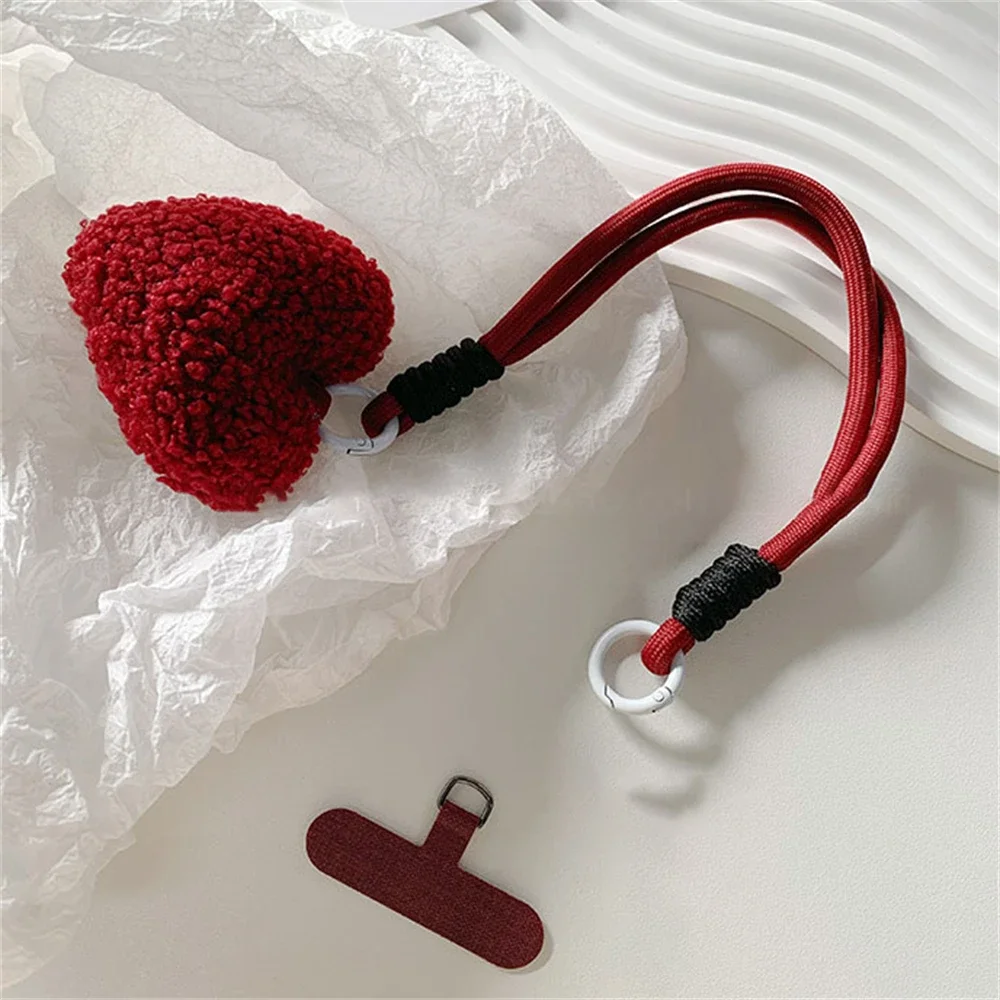 Cute Plush Love Heart Phone Lanyard Straps Hanging Chain Ring Cord with Patch Wrist Strap Phone Holder Detachable Rope Keychain