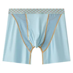 Men Modal Boxer Shorts Mesh Transparent Breathable Loose Fit Sports Panties Sexy Mid-rise Bulge Pouch Quick Dry Long Legs Trunks
