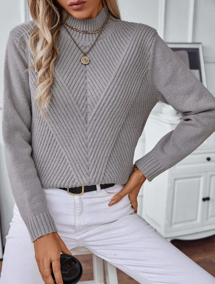 

Fashionable Autumn Sweater Retro Solid Color Half High Neck Pullover Sweater Casual Long Sleeved Knitted Sweater for Women