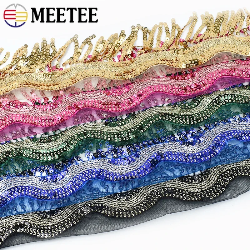 1/2/5Yards Meetee 8cm Sequins Tassel Fringe Mesh Decoration Ribbon Lace Trim Latin Dance Dress Fabric Clothing Fringes Sewing