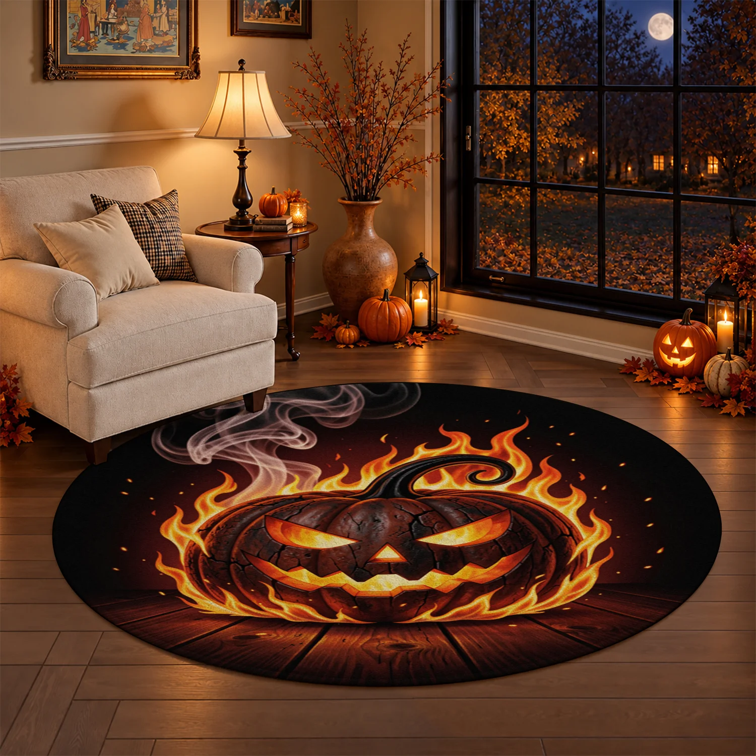 Flaming Jack-o-Lantern Round Velvet Rug, Machine Washable, Ideal for Living Room, Bedroom, Entryway, Dining Area, Perfect for Halloween, Thanksgiving, Black Friday, Cyber Monday, Christmas, New Year Decor