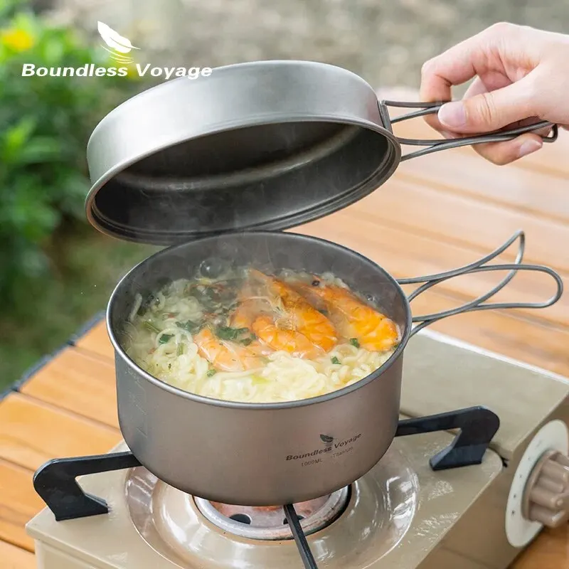 Boundless Voyage Titanium Pot Pan Set met inklapbare handgrepen Camping Kookgerei Wandelen Outdoor Servies