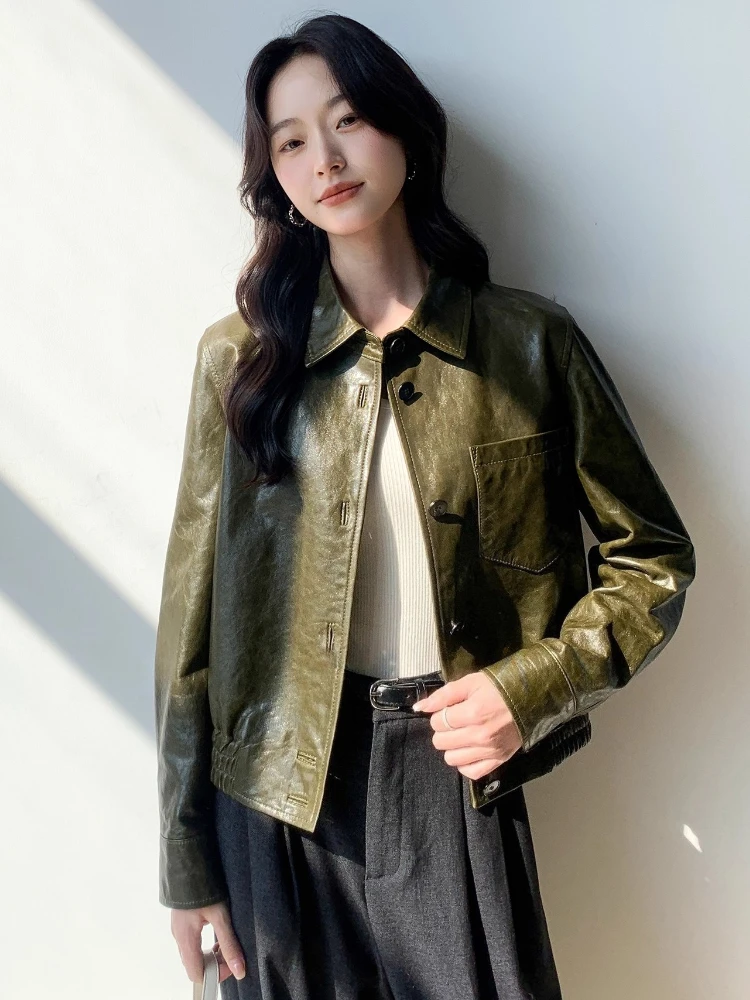 Vintage Genuine Leather Cropped Jackets for Women Spring Autumn High-end Simple Single Breasted Soft Oil Wax Real Sheepskin Coat