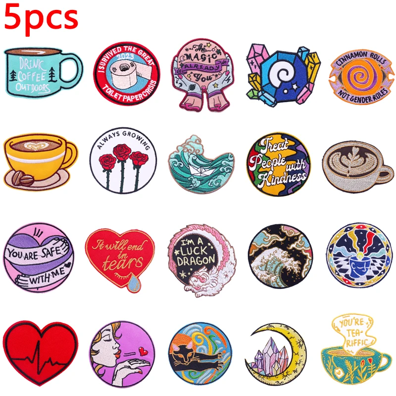 5PCS Großhandel Cartoon Patch Tasse Kamera Patches Auf Kleidung Eisen Auf Gestickte Patches Für Kleidung Thermoadhäsive Patch Aufkleber