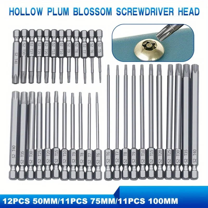 

50-75-100mm Hollow Plum Blossom Extended S2 Screwdriver Bit Set, with Multiple Sizes for Precision Work, Drill Bit Accessories