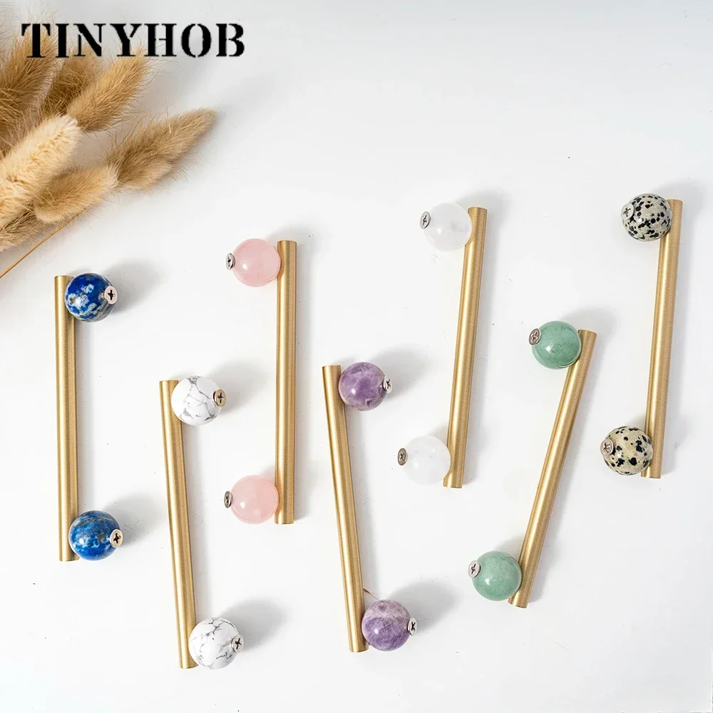 Tinyhob Nordic Art Handle/Natural Marble+Brass Handles and Knobs Drawer Pulls Kitchen Cabinet Knobs Pink  Furniture Hardware