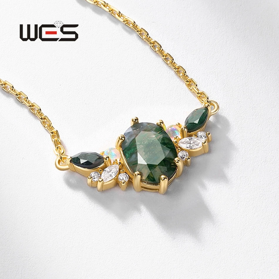 قلادة عقيق طحلب طبيعي من الفضة الإسترليني للنساء ، جناح ملاك ، مجوهرات فاخرة ، زيكرون كريستال ، مطلي بالذهب ، هدايا زفاف #3