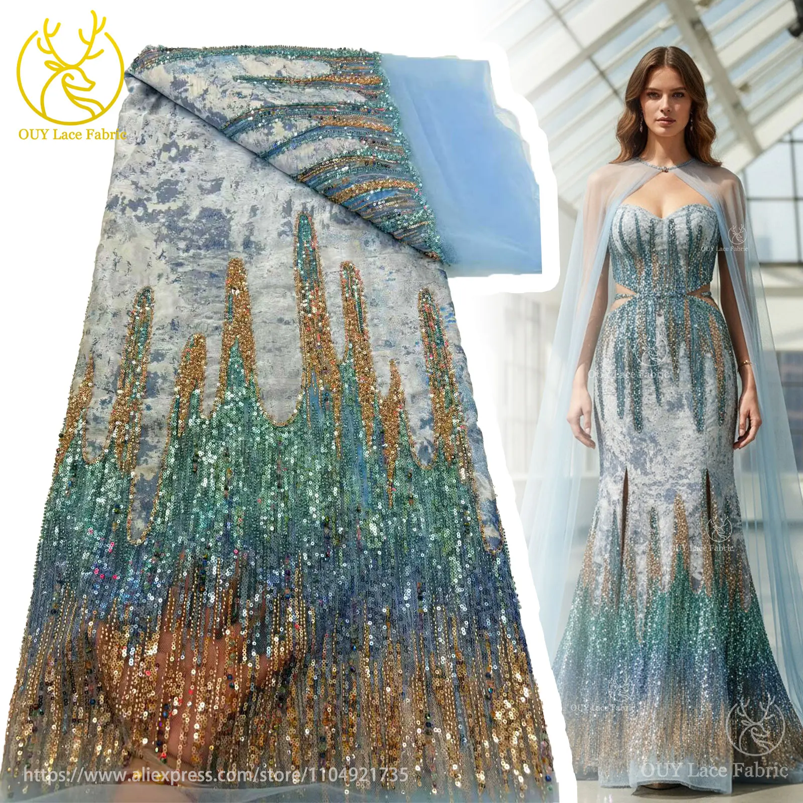 

Fashion African Sequin Lace Fabric 2025 French Continental Beaded Lace Fabric Nigerian Embroidery Mesh Fabric for Dress Sewing