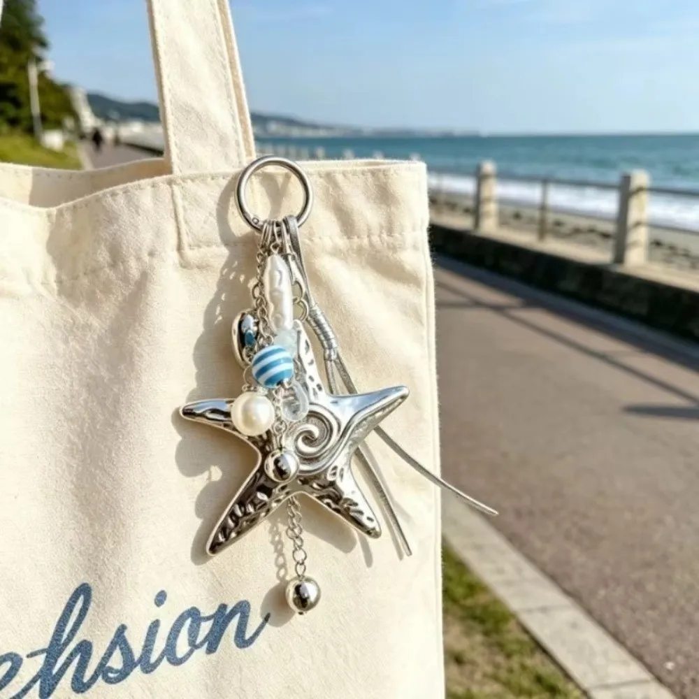 Beaded Design Beaded Keychains Heart Charm Pendant Style Pendant Keychains Silver Color Pearl Accent Starfish Keychain
