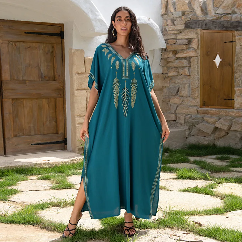 Boho Embroidery V Neck Bikini Cover-ups Summer Autumn Loose Kaftan Dress Women Plus Size Beachwear Swimsuit Cover Up