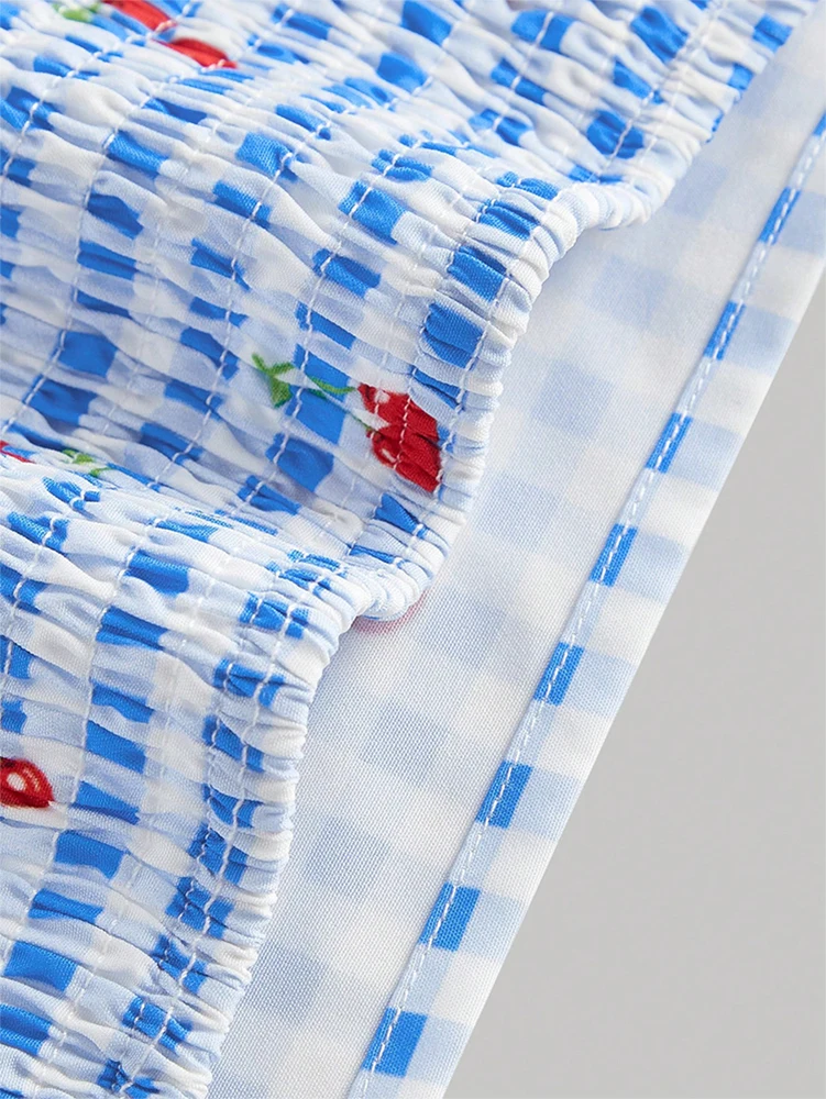 Set minigonna a canotta con stampa ciliegia a quadretti blu e bianchi da donna: top a canotta + minigonna svasata, dolce abito da vacanza retrò