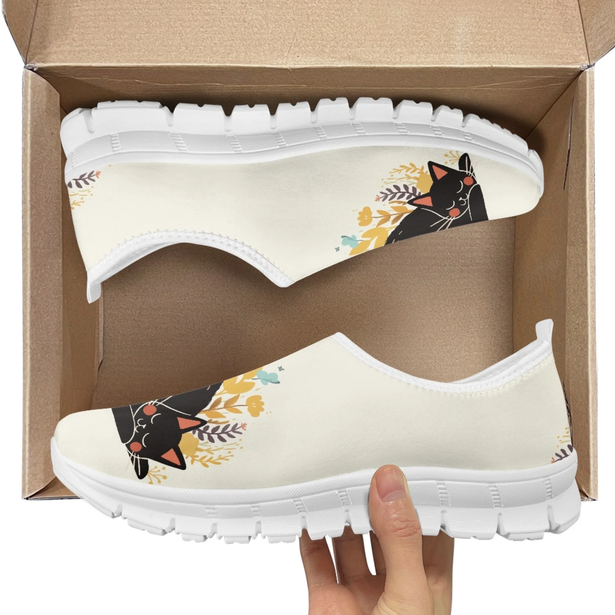 Instantarts Vrouwen Platte Schoen Schattige Kat En Boek Bloemen Planten Lichtgewicht Hardloop Sneakers Adem Mesh Schoenen Slip On Schoenen